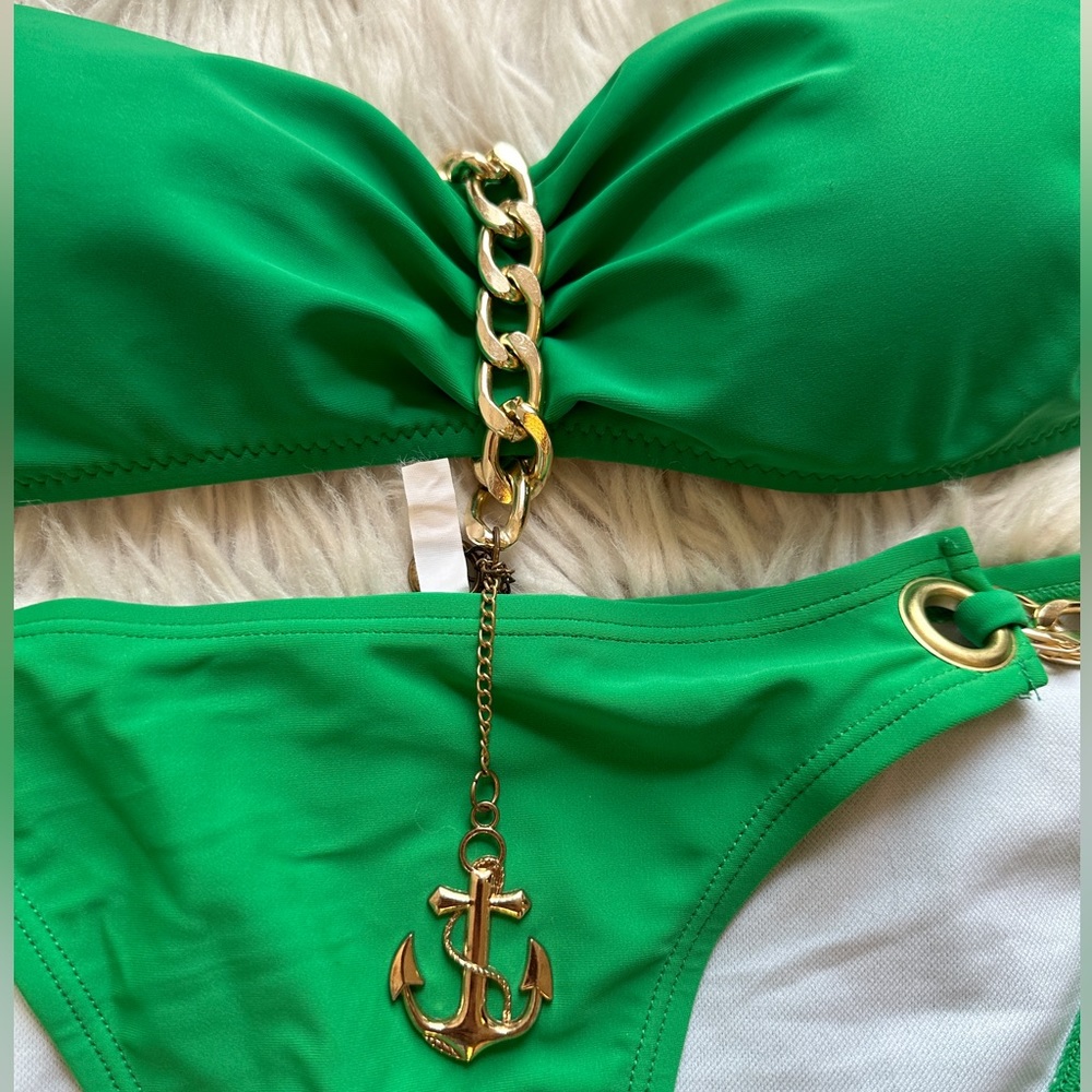 Emerald green bikini. Gold accents. Size Large runs small. New without tags. - Picture 3 of 13
